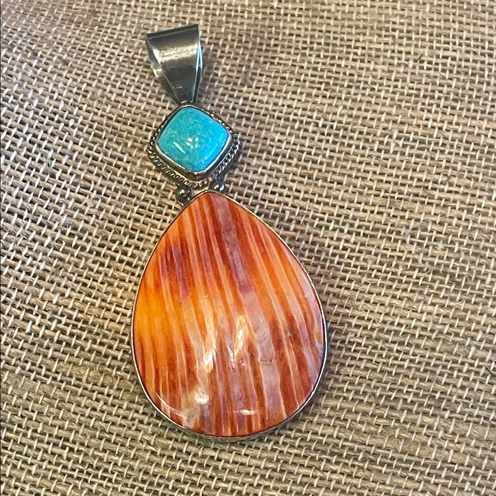 Jay King Orange Mother of pearl shell and Turquoise Pendant Necklace